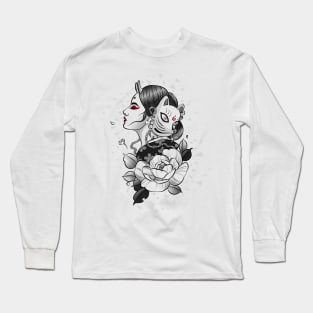 Traditional  black and white Japanese illustration of woman with a kitsune mask and flower Long Sleeve T-Shirt